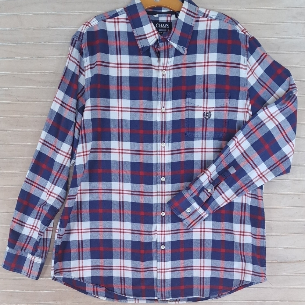 Chaps Classic Oxford Red Blue White Plaid Button Down Shirt XL 100% Cotton